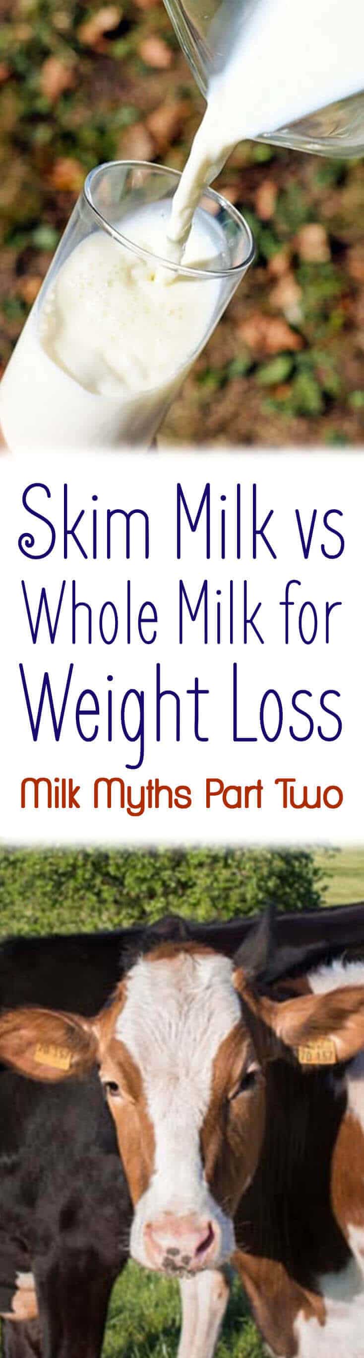 A pinterest image with a glass of milk and cows with the text overlay \"Skim Milk vs Whole Milk for Weight Loss Milk Myths Part Two.\"