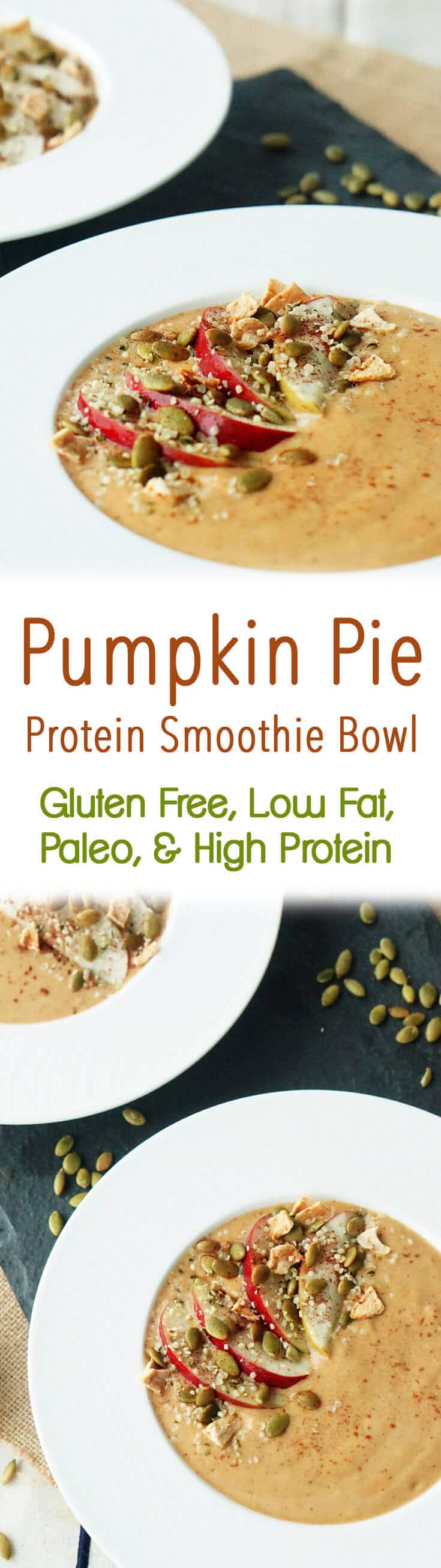 This pumpkin pie smoothie bowl is packed with protein from protein powder, canned pumpkin, apples, pumpkin seeds and more! 