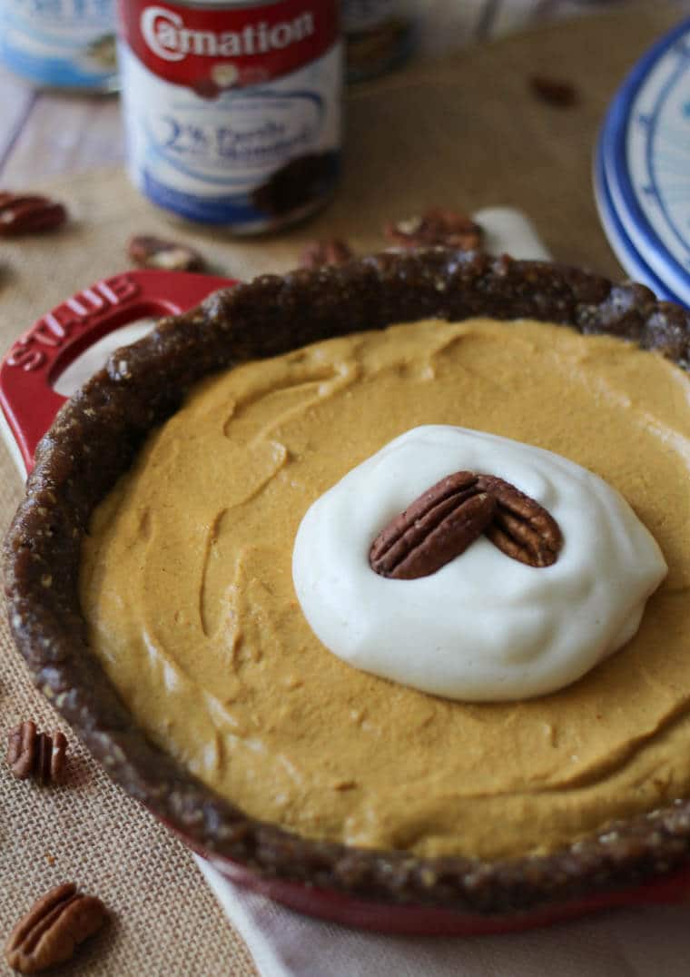 A close up of a no bake pumpkin pie.