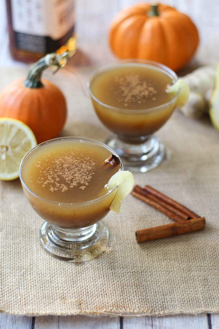 An angled photo of two pear cocktails.