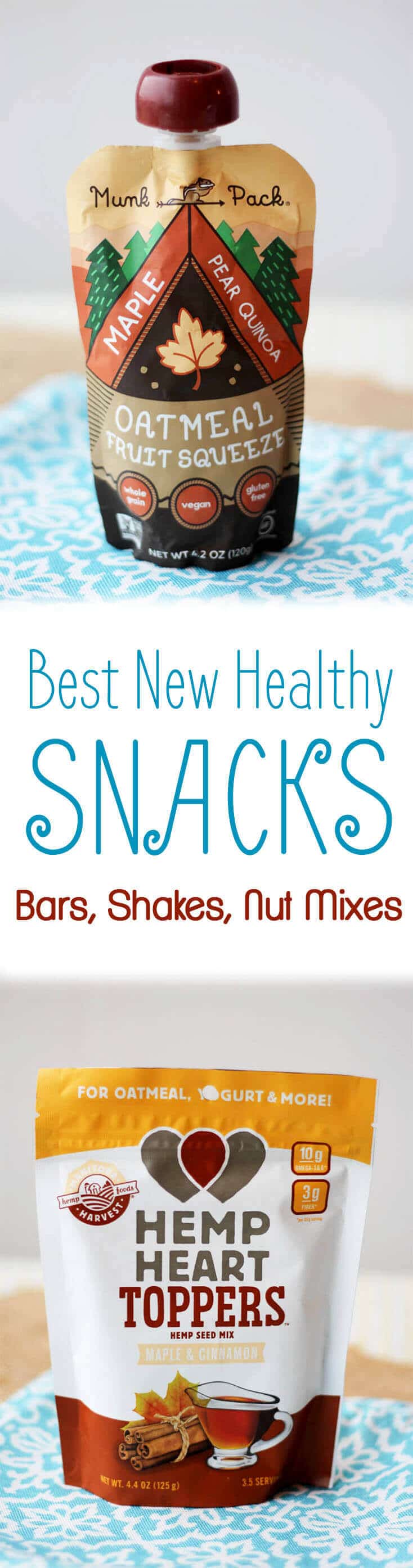 A pinterest image of snacks with the text overlay \"Best New Healthy Snacks Bars, Shakes, Nut Mixes.\"