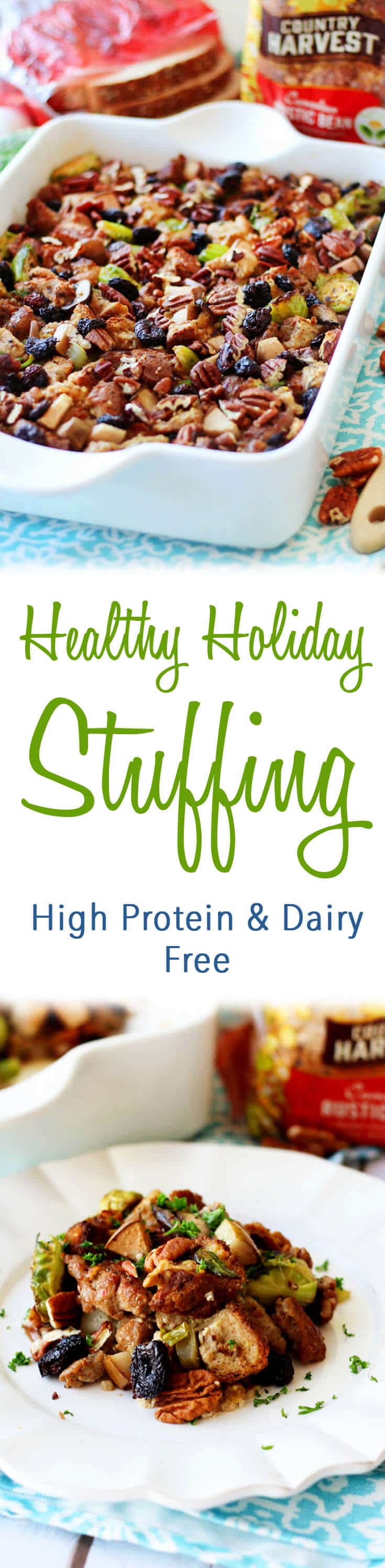 A pinterest image of stuffing with the text overlay \"Healthy Holiday Stuffing High Protein & Dairy Free.\"