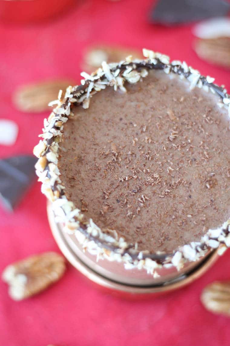 An overhead photo of a German chocolate cake cocktail.