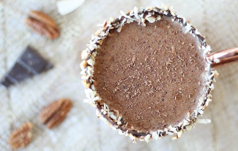 An overhead photo of a chocolate cake cocktail.