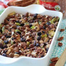 A baking dish with healthy stuffing.