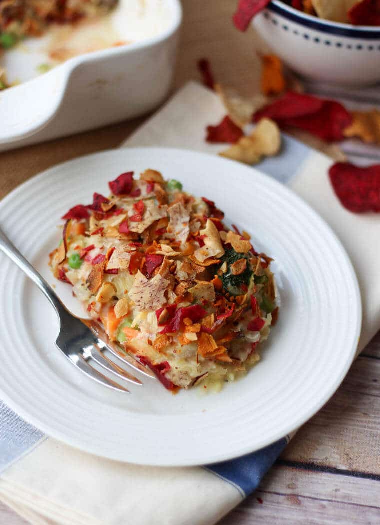 A white plate with a serving of tuna noodle casserole.