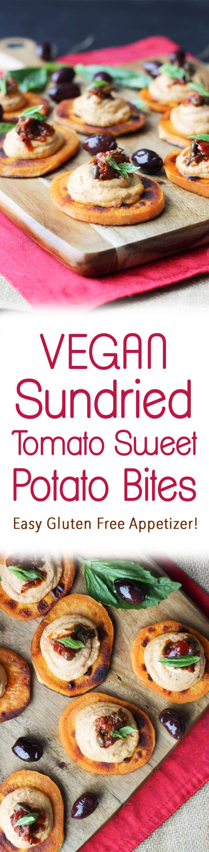 A pinterest image of multiple sweet potato bites with the text overlay \"Vegan Sundried Tomato Sweet Potato Bites Easy Gluten Free Appetizer!\" 