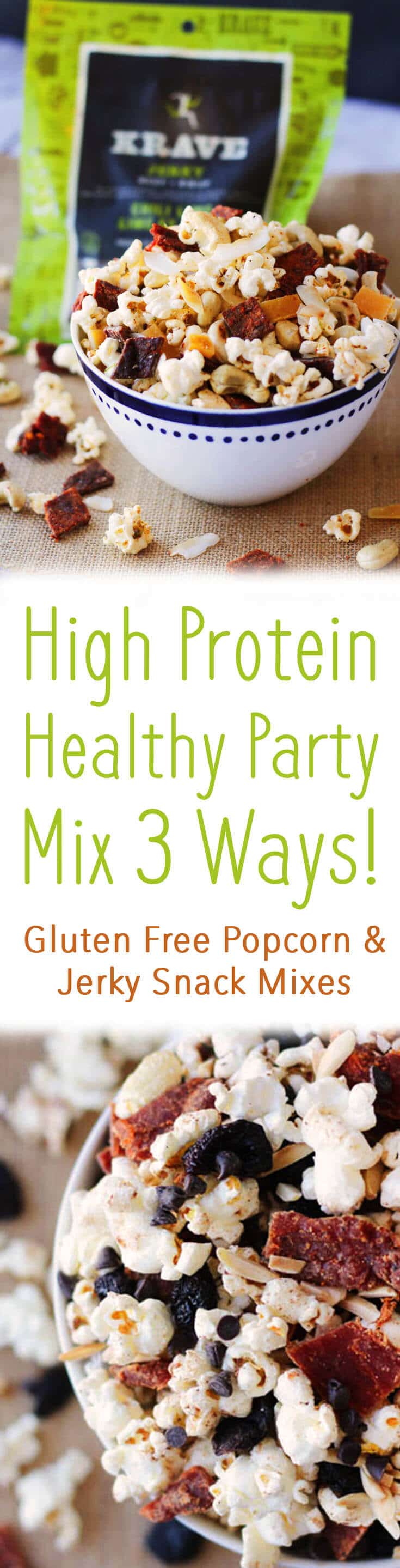 A pinterest image of popcorn with the text overlay \"High Protein Healthy Party Mix 3 Ways! Gluten Free Popcorn & Jerky Snack Mixes.\"