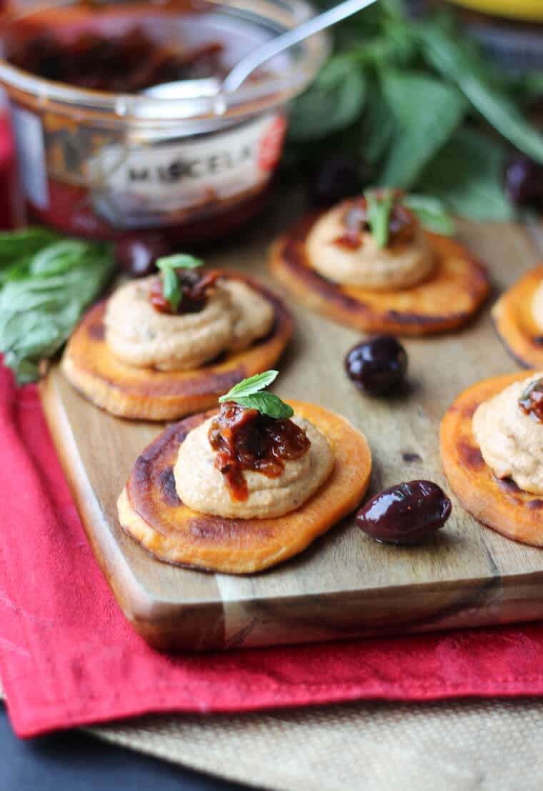 Close up of a sundried tomato sweet potato bites.