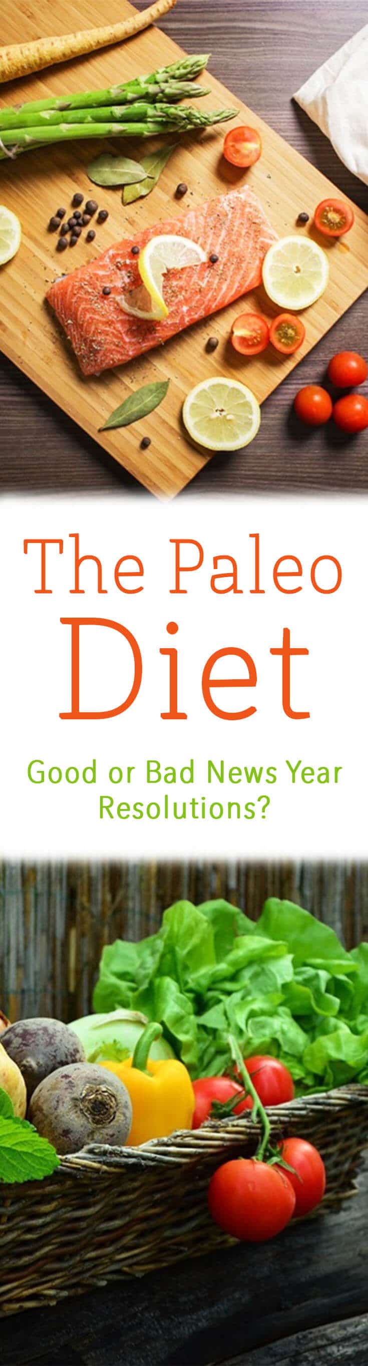 A pinterest image of paleo friendly foods with the overlay text \"The Paleo Diet Good or Bad News Year Resolutions?\"