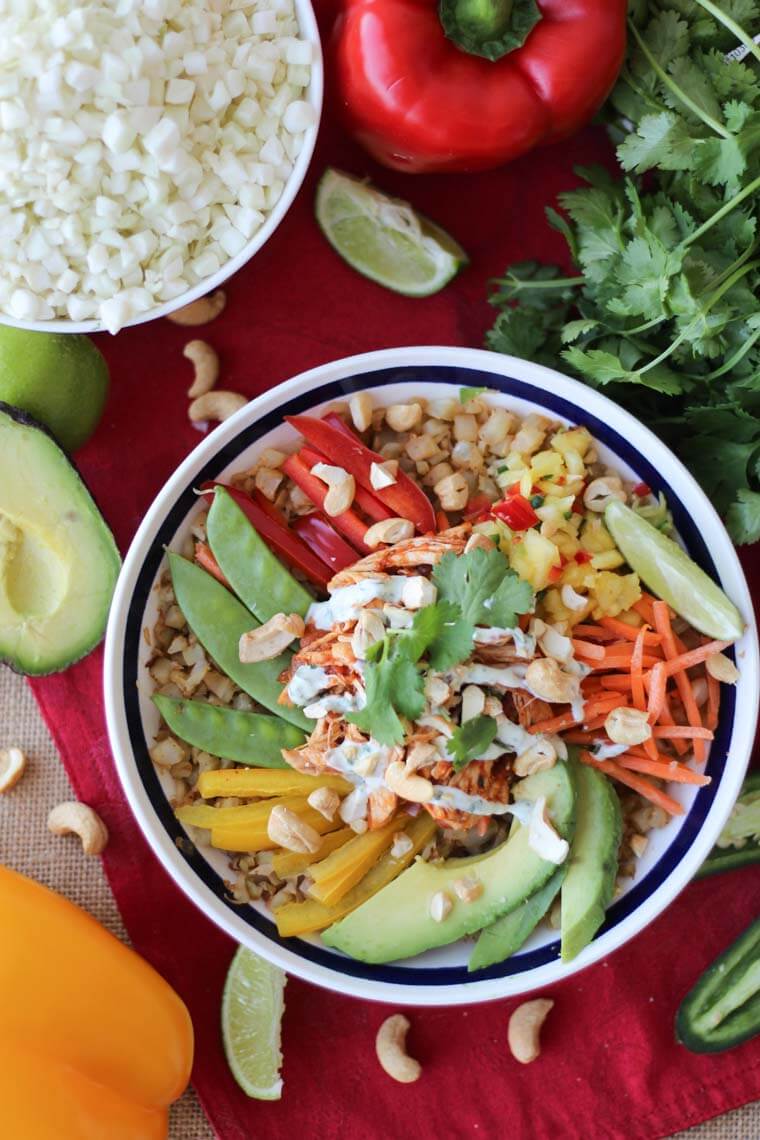 Overhead photo of a burrito bowl.