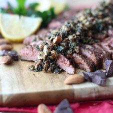 This Cocoa Chilli Flank Steak with Chocolate Almond Pesto is a surprisingly delicious way to treat your loved one this Valentine’s Day!