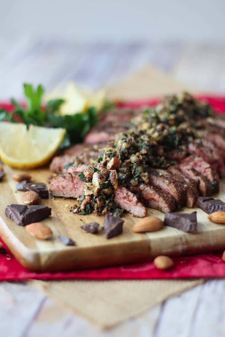 Cocoa Chilli Flank Steak with Chocolate Almond Pesto Valentine's Day