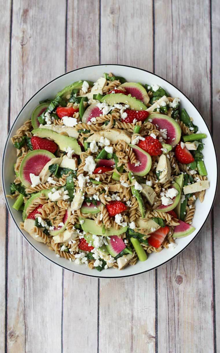 An overhead photo of a plate of pasta salad.