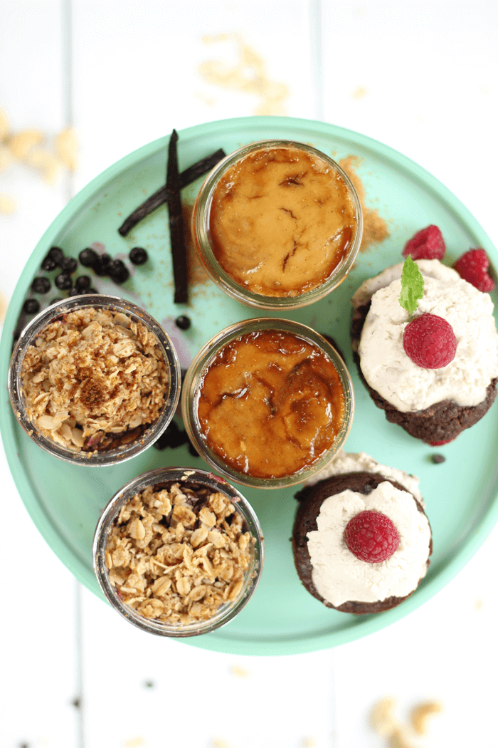 A plate of mini vegan desserts.