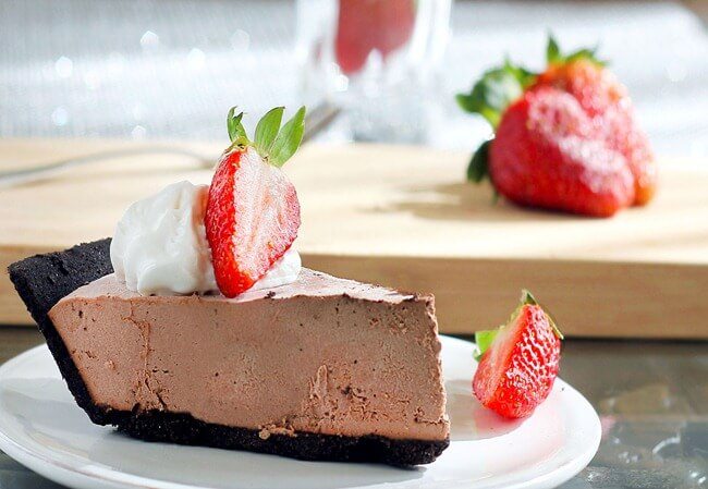 A slice of chocolate truffle pie.