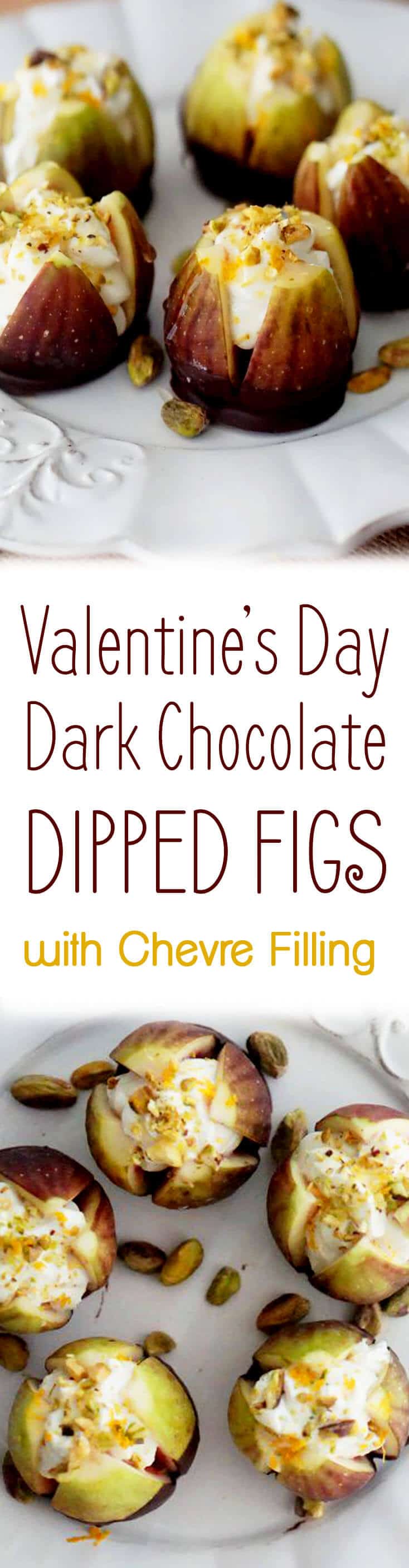 A pinterest image with dipped figs with the overlay text \"Valentine\'s Day Dark Chocolate Dipped Figs with Chevre Filling.\"