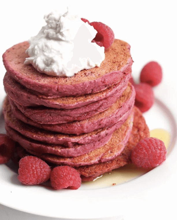 A stack of red velvet beet pancakes.