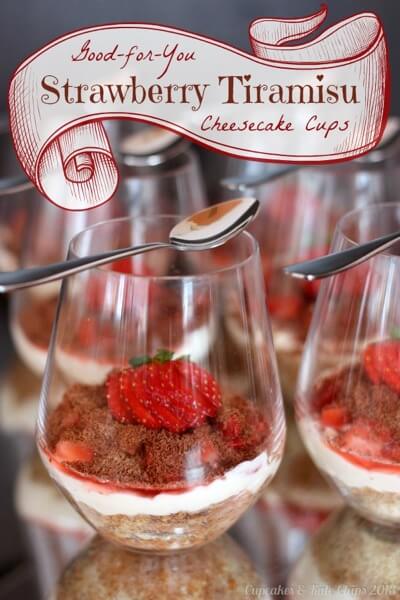 Glasses of strawberry tiramisu cheesecakes.