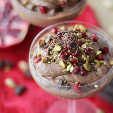 This chocolate tahini mousse with pomegranate and pistachios is a perfect Valentine’s Day dessert recipe filled with good-for-you ingredients!