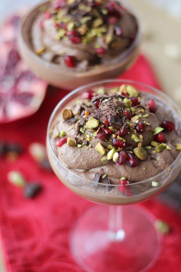 This chocolate tahini mousse with pomegranate and pistachios is a perfect Valentine’s Day dessert recipe filled with good-for-you ingredients!