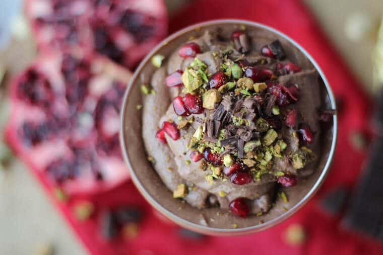 This chocolate tahini mousse with pomegranate and pistachios is a perfect Valentine’s Day dessert recipe filled with good-for-you ingredients!