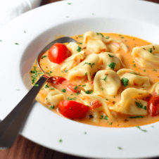 A bowl of tomato and tortellini soup.