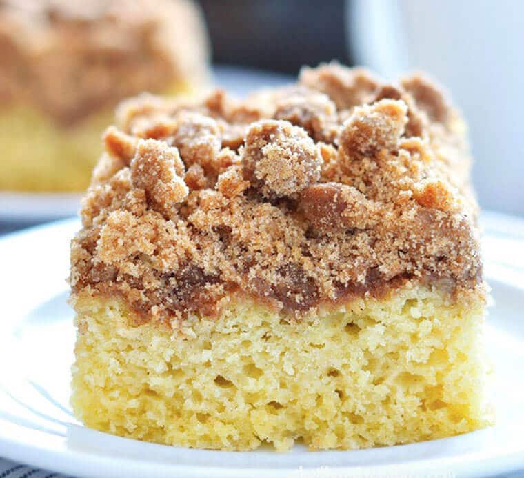 A slice of gluten free cinnamon coffee cake. 