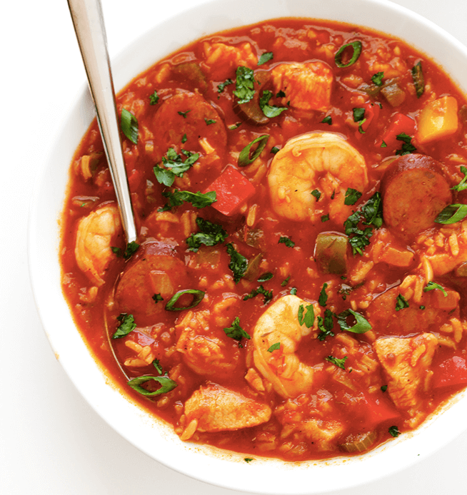 A bowl of jambalaya soup. 