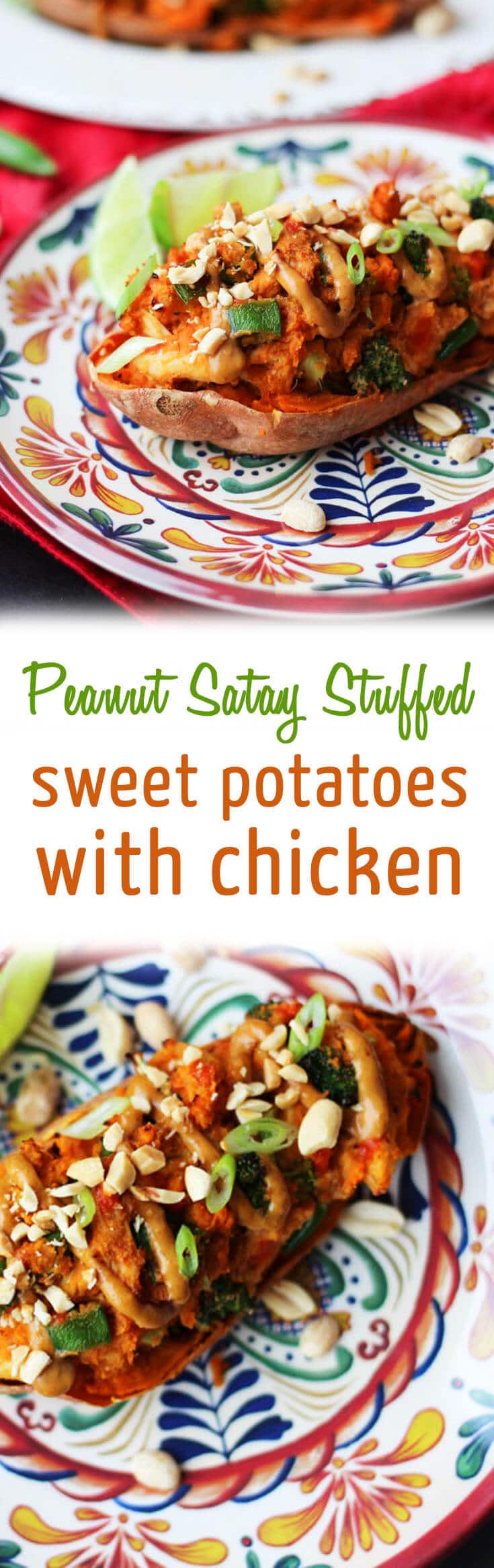 A pinterest photo of stuffed sweet potatoes with the text overlay \"Peanut Satay Stuffed sweet potatoes with chicken.\"