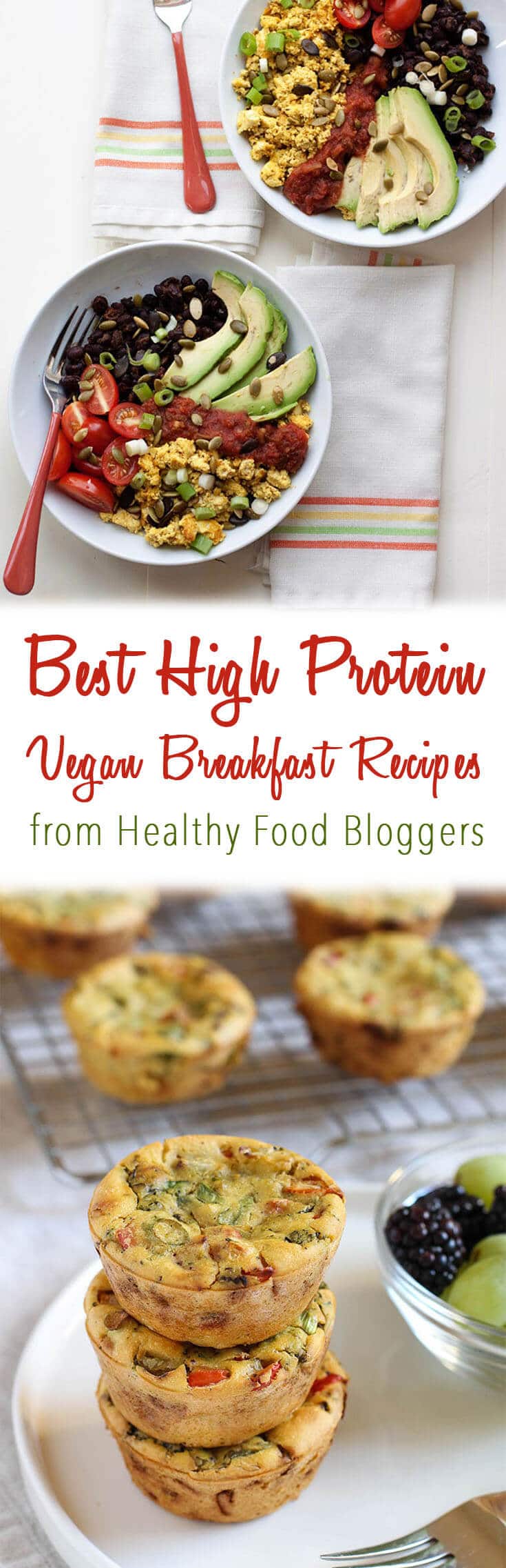 A pinterest image of breakfast photos with the text overlay \"Best High Protein Vegan Breakfast Recipes from Healthy Food Bloggers.\"
