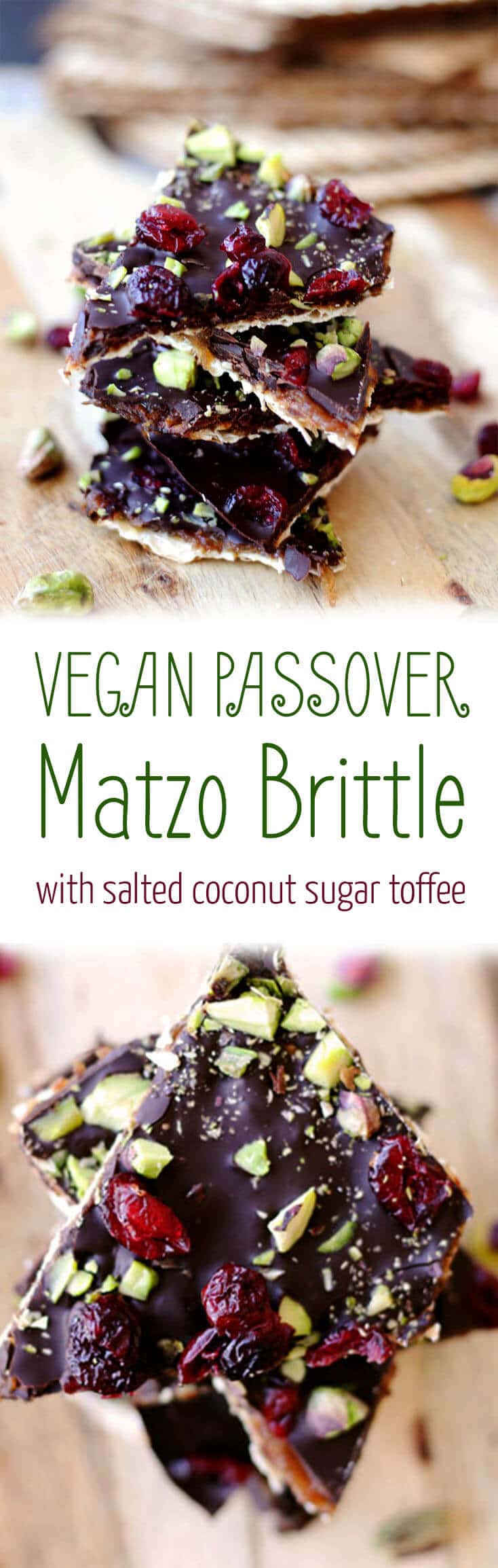Pinterest image of passover matzo brittle with salted coconut sugar caramel with the overlay text \"vegan passover matzo brittle with salted coconut sugar toffee\"
