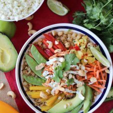 An overhead photo of a bowl of paleo cauliflower rice burrito bowl.