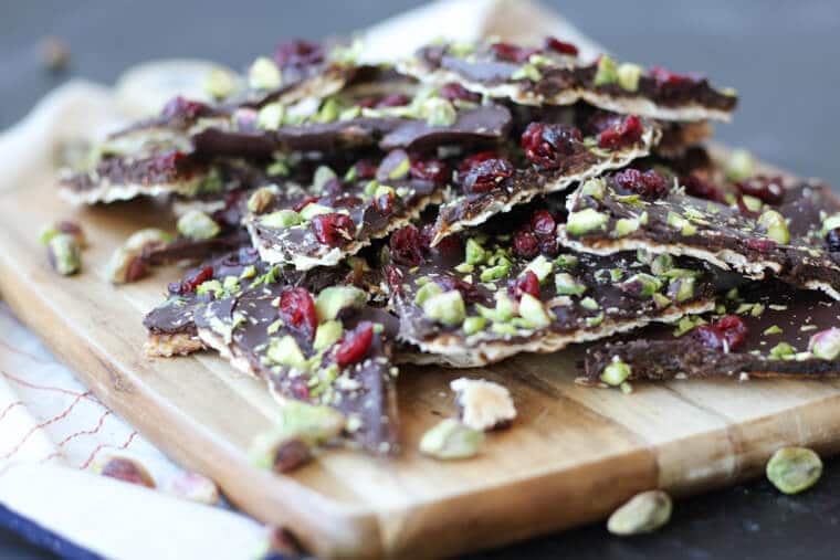 A serving board with passover matzo brittle with salted coconut sugar caramel.