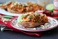 This Paleo Peanut Satay Stuffed Sweet Potatoes with Chicken is an easy gluten free dinner idea to get good food on the table fast!
