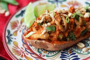 This Paleo Peanut Satay Stuffed Sweet Potatoes with Chicken is an easy gluten free dinner idea to get good food on the table fast!