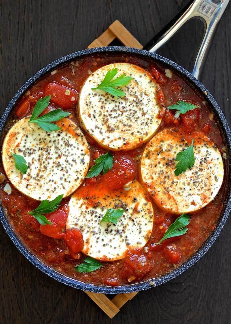 A skillet with tofu in purgatory.