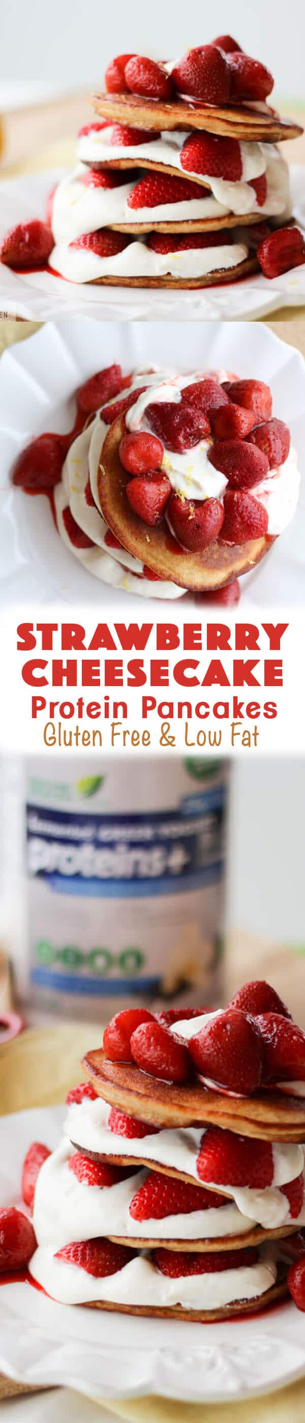 A pinterest photo of stacks of pancakes with the overlay text \"Strawberry Cheesecake Protein Pancakes Gluten Free & Low Fat.\"