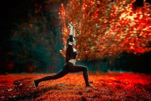 A woman stretching.