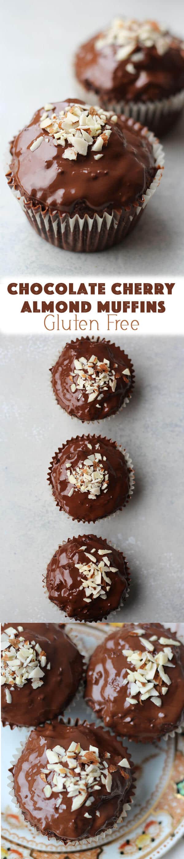 An overhead photo of two chocolate muffins with chocolate glaze with crushed almonds on top.