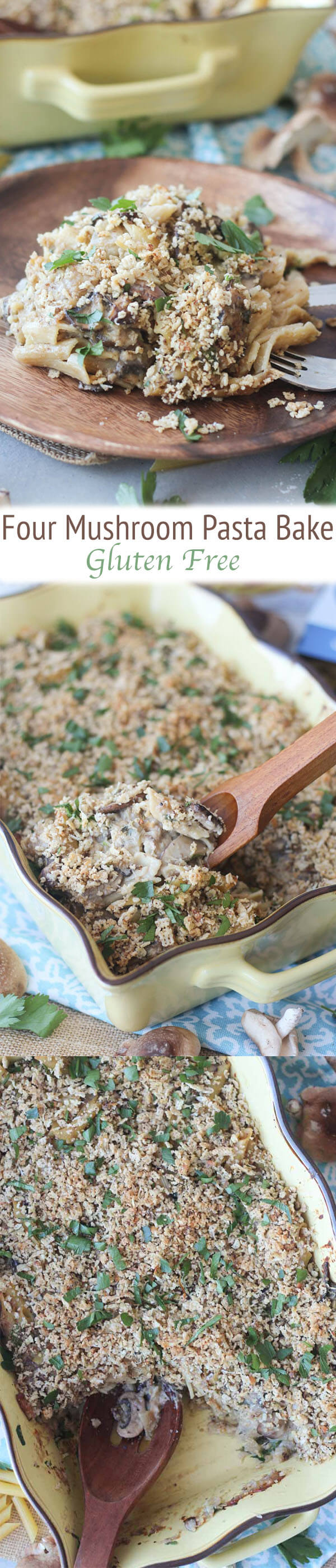 A baking dish containing a four mushroom penne pasta bake with wooden spoon scooping in.