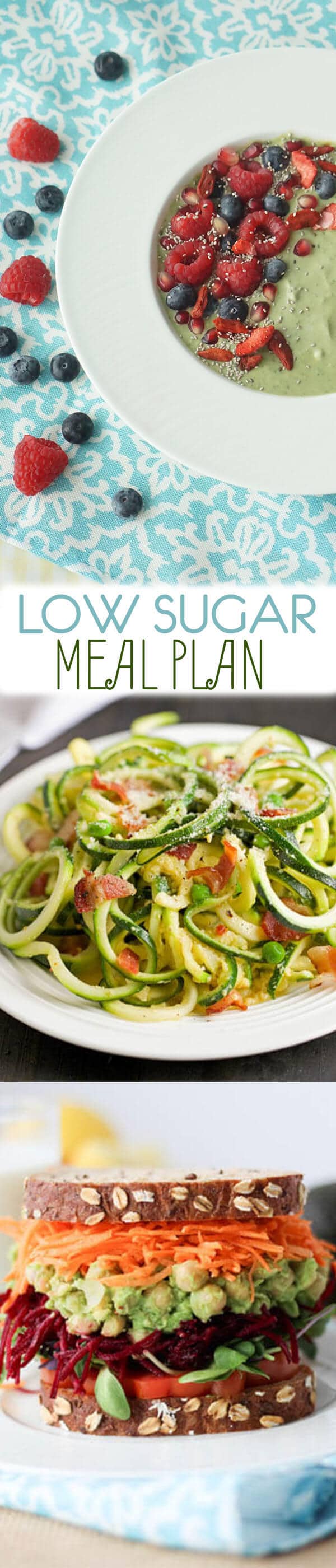 Pinterest image for a low sugar meal plan.