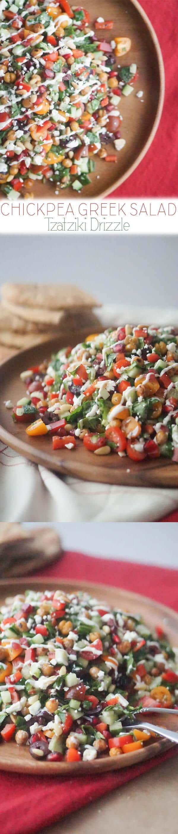 A pinterest image of greek salad on a plate with the overlay text \"Chickpea Greek Salad. Tzatziki Drizzle.\"