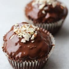 A close up of a chocolate cupcake.