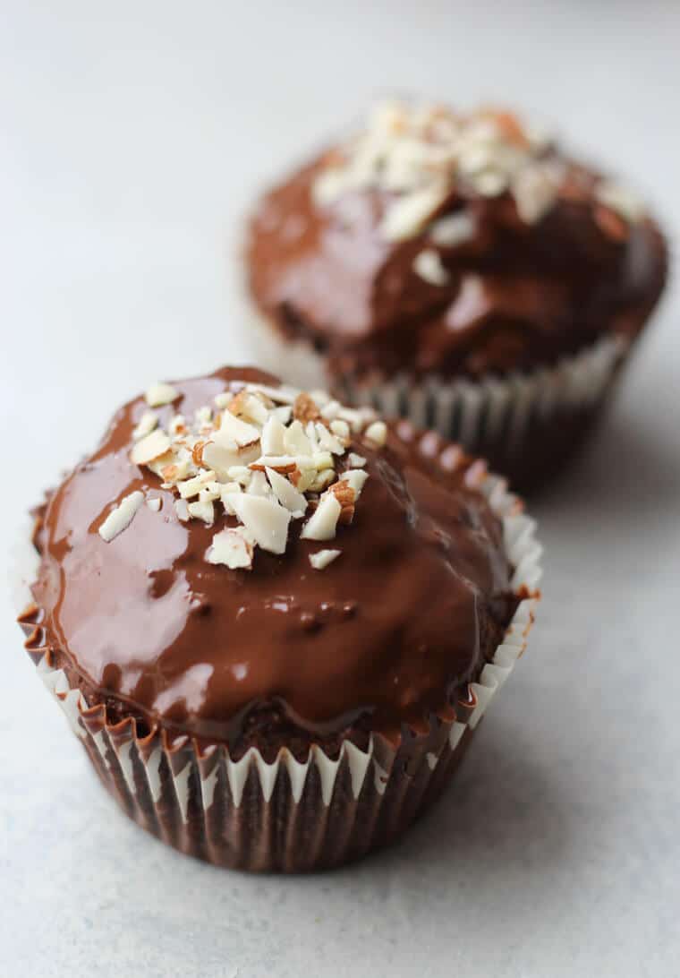 A close up of a chocolate cupcake.