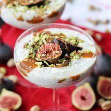 This Vegan Roasted Fig Chia Pudding and Tahini Date Caramel Parfait is a gluten free plant based perfect light dessert packed with Middle-Eastern inspired flavour and a delicious date caramel scented with tahini.