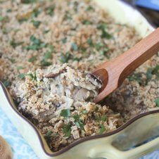 A baking dish with a gluten free mushroom pasta bake.