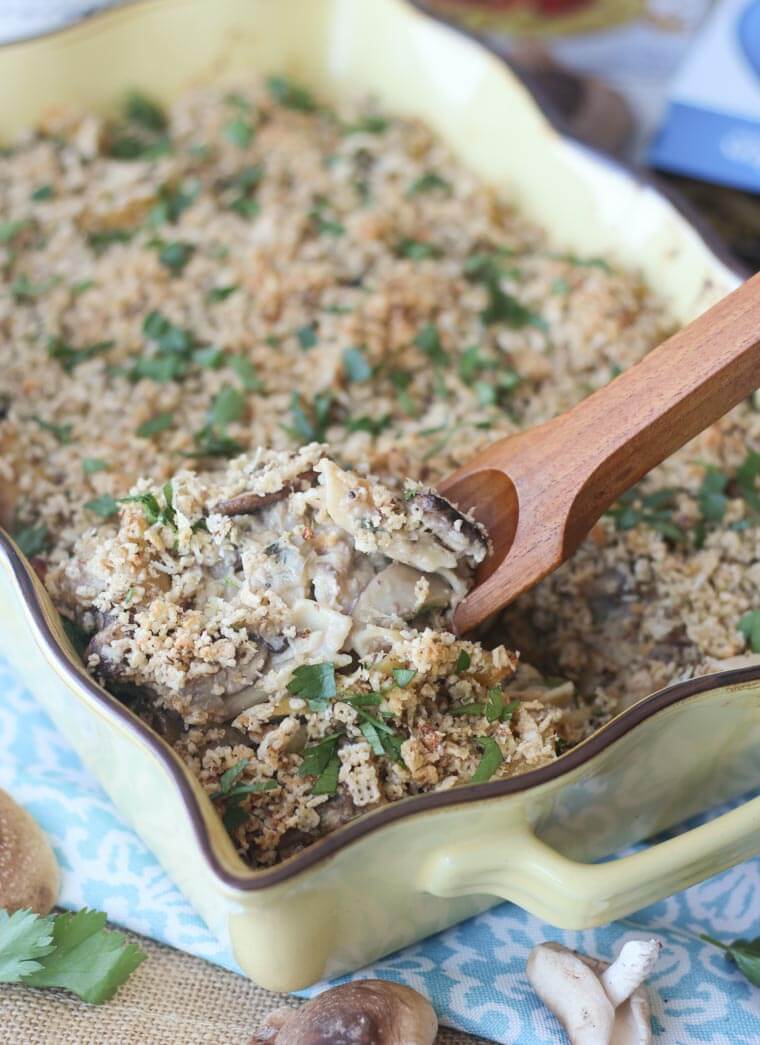 A baking dish with a gluten free mushroom pasta bake.