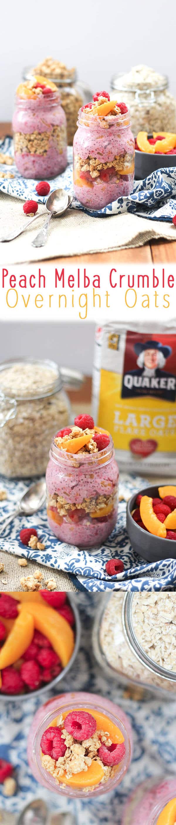 A mason jars containing peach melba crumble overnight oats with a bag of Quaker large flake oats in the background.