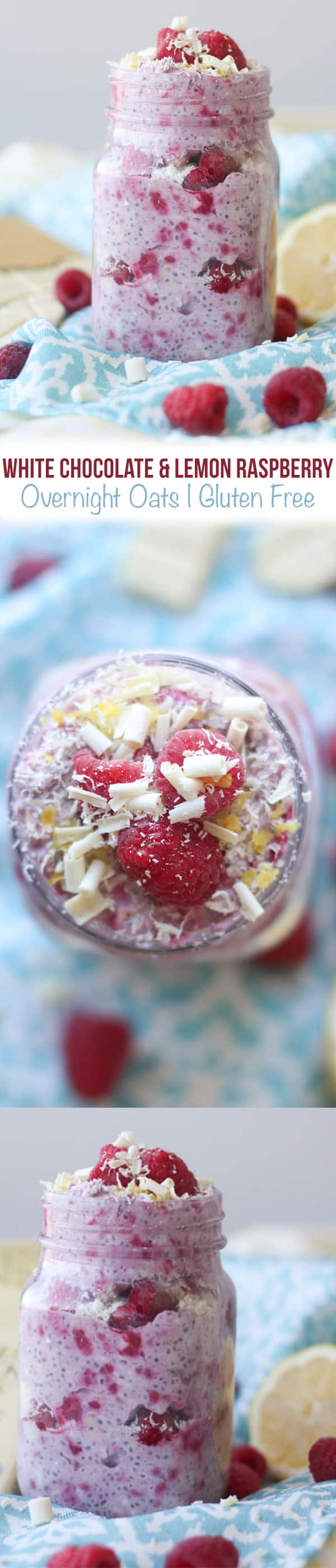 A close up of a mason jar containing white chocolate, lemon, raspberry overnight oats.